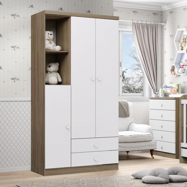 Imagem de Guarda Roupa Roupeiro Quarto Infantil Menta 3 Portas 3 Prateleiras 2 Nichos MDF Marrom Branco