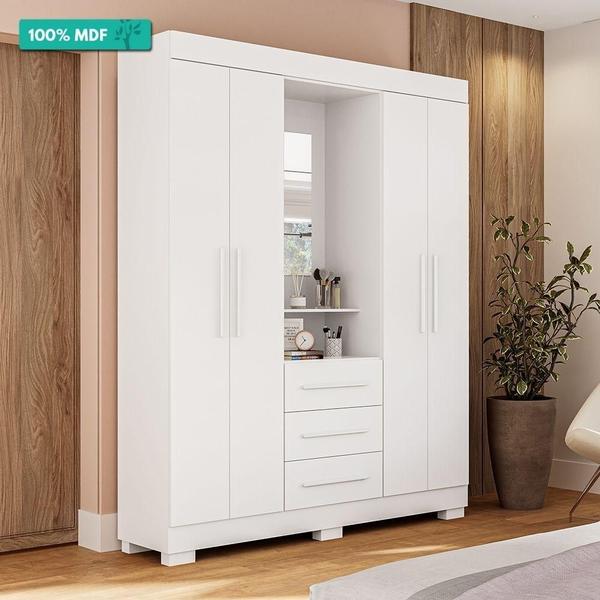 Imagem de Guarda Roupa Solteiro 100% Mdf 4 Portas 3 Gavetas Com Espelho Emily Acp Móveis Branco