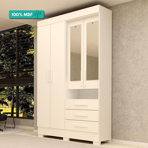 Imagem de Guarda Roupa Solteiro 100 % Mdf Com Espelho 4 Portas 3 Gavetas Débora Acp Móveis Branco