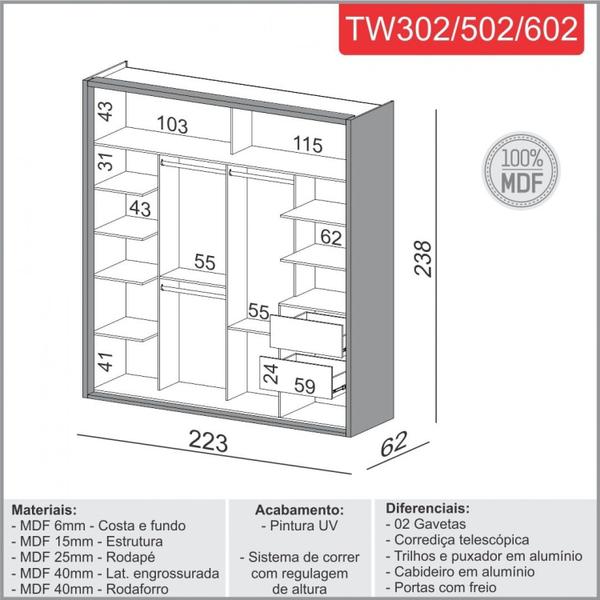 Imagem de Guarda-Roupa Solteiro 2 Portas 2 Gavetas 222,8cm Dalla Costa