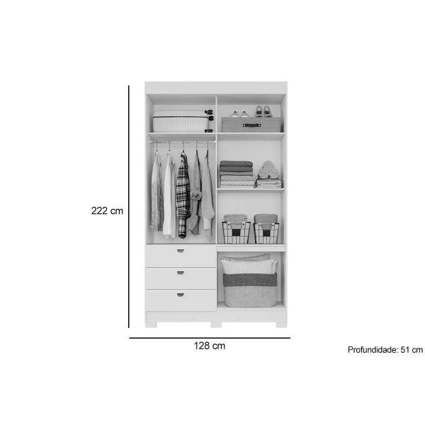 Imagem de Guarda Roupa Solteiro 2 Portas de Correr e 3 Gavetas c/ Espelho e Pés Alice Branco - Panan