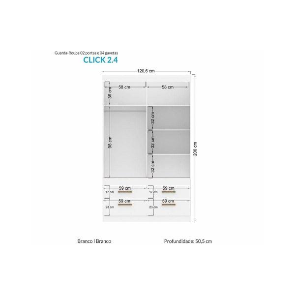 Imagem de Guarda Roupa Solteiro 2 Portas de Correr e 4 Gavetas Click 2.4 Branco - Santos Andirá