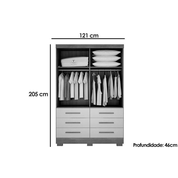 Imagem de Guarda Roupa Solteiro 2 Portas e 6 Gavetas c/ Espelho Jequitibá/Buriti Branco - Novo Horizonte