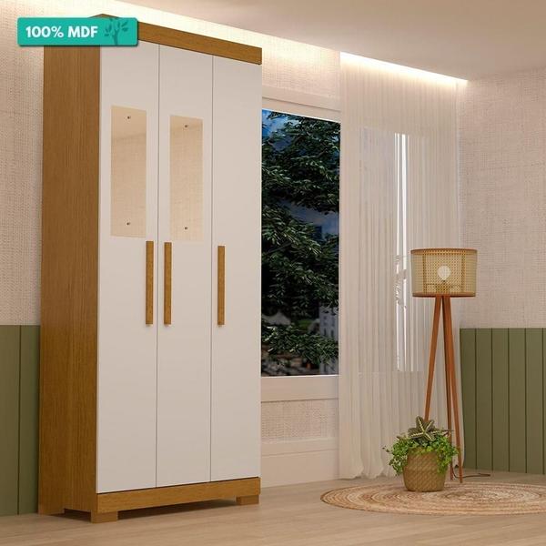 Imagem de Guarda Roupa Solteiro 3 Portas 100% Mdf Com Espelho Lana Acp Móveis Cinamomo/Off White