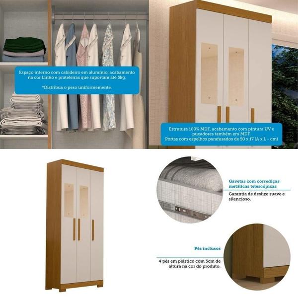 Imagem de Guarda Roupa Solteiro 3 Portas 100% Mdf Com Espelho Lana Acp Móveis Cinamomo/Off White