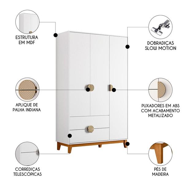 Imagem de Guarda Roupa Solteiro 3 Portas 2 Gavetas 120cm Ipê Branco - Albatroz