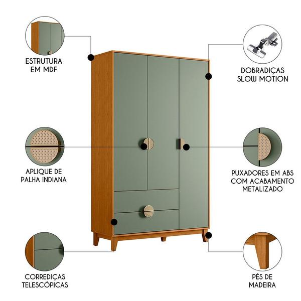 Imagem de Guarda Roupa Solteiro 3 Portas 2 Gavetas 120cm Ipê Cinamomo/Sálvia - Albatroz