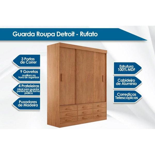 Imagem de Guarda Roupa Solteiro 3 Portas de Correr e 9 Gavetas c/ Espelho e Pés Detroit Naturale-Naturale Ripado 3D - Flex - Rufato