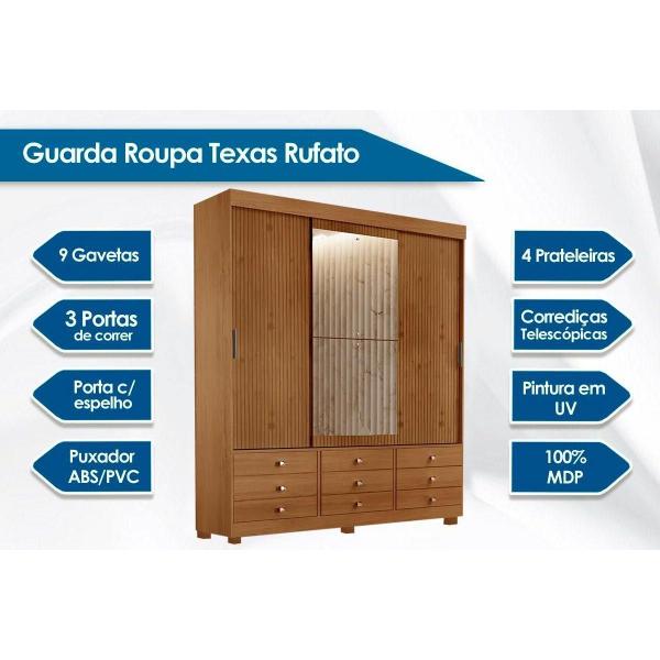 Imagem de Guarda Roupa Solteiro 3 Portas de Correr e 9 Gavetas c/ Espelho e Pés Texas Imbuia ou Imbuia Ripado-Flex - Rufato