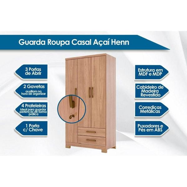 Imagem de Guarda Roupa Solteiro 3 Portas e 2 Gavetas Açaí DA133 Castanho/Off White - Henn