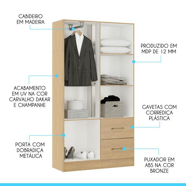 Imagem de Guarda Roupa Solteiro 4 Portas 2 Gavetas 93x172Cm MDP Carvalho 8004 MENU