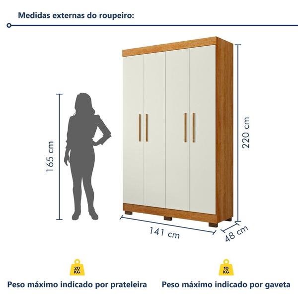 Imagem de Guarda Roupa Solteiro 4 Portas 3 Gavetas Flórida 100% MDF Amadeirado/Off White