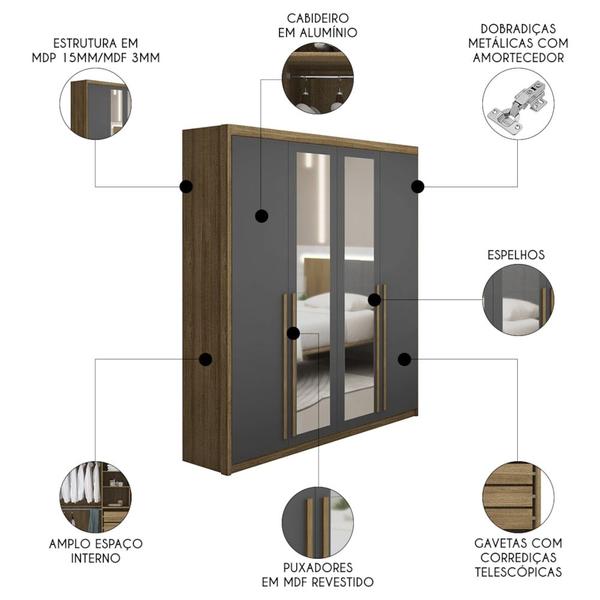 Imagem de Guarda Roupa Solteiro 4 Portas Espelho Dubai Nature/Alasca   - VLR MÓVEIS