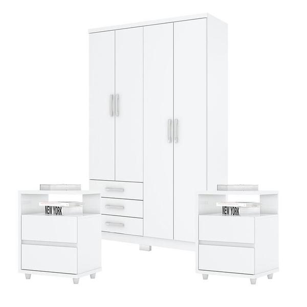 Imagem de Guarda Roupa Solteiro Caju 4 Portas com Kit Mesa de Cabeceira Campeche Branco - Henn