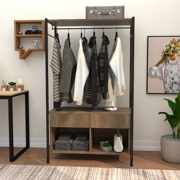 Imagem de Guarda Roupa Solteiro Closet Industrial 90cm 2 Gavetas Paris Light Demolição/Preto - Artefamol