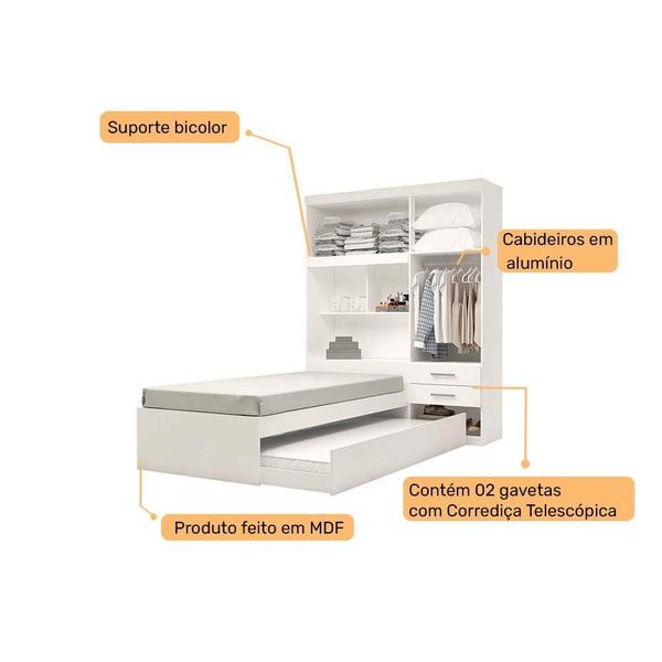Imagem de Guarda roupa solteiro com Bicama 4 portas 2 gavetas e Bau Milena ACP Móveis Branco