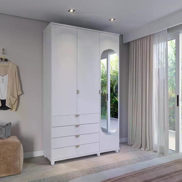 Imagem de Guarda-Roupa Solteiro com Espelho 3 Portas 4 Gavetas 100% MDF Look 136 cm - Branco Fosco c/ Champanhe