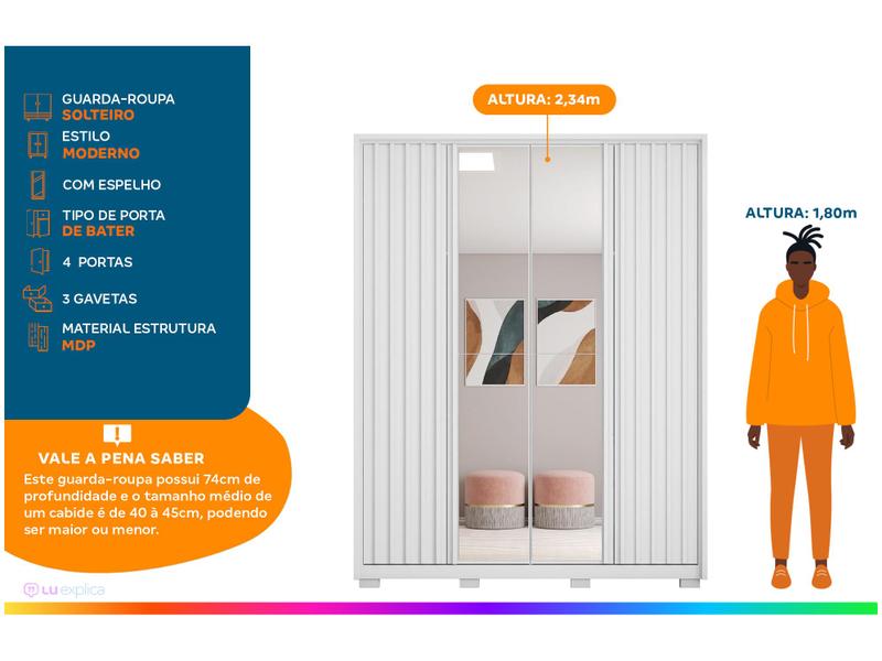 Imagem de Guarda-roupa Solteiro com Espelho 4 Portas 3 Gavetas Caemmun Belize Ripado