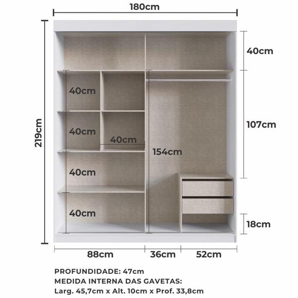 Imagem de Guarda-Roupa Solteiro Édez Pacífico, 2 Portas de Correr, Touch Branco, com Espelho