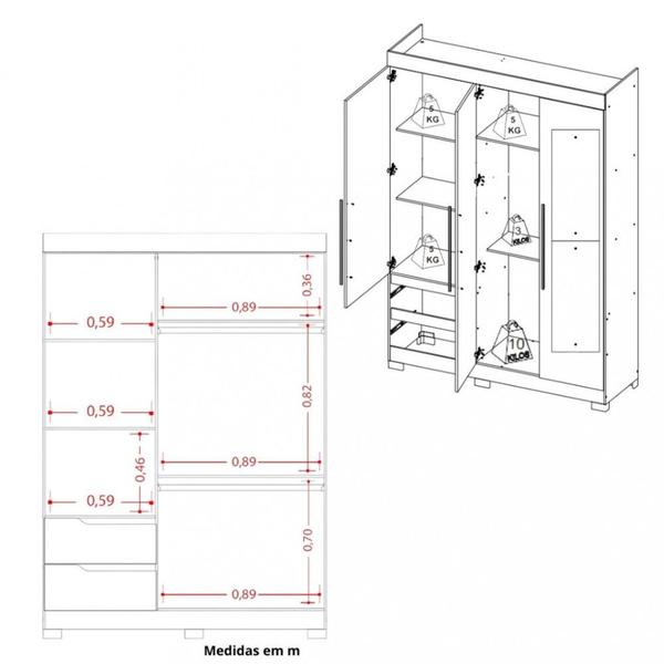 Imagem de Guarda Roupa Solteiro Espelho 3 Portas 2 Gavetas Vivance Albatroz