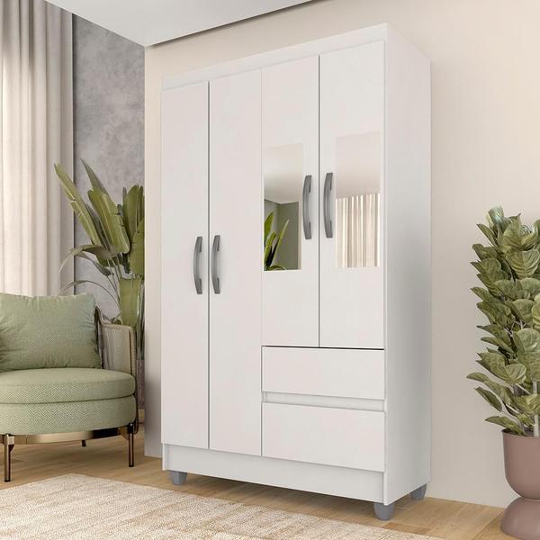Guarda Roupa Solteiro ArapongasLohaine 4 portas C/ Espelho Branco Guarda Roupa Solteiro ArapongasLohaine 4 portas C/ Espelho Branco