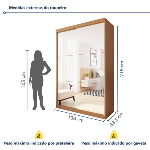 Imagem de Guarda Roupa Solteiro Premium Salvador Top 138cm com Espelho 2 Portas 2 Gavetas Minastex