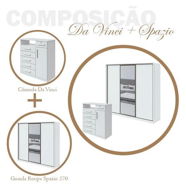 Imagem de Guarda Roupa Spazio 270 com Espelho e Cômoda Da Vinci Branco Brilho - Lopas