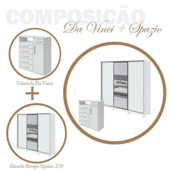 Imagem de Guarda Roupa Spazio 270 com Espelho e Pés Cômoda Da Vinci Branco Brilho - Lopas