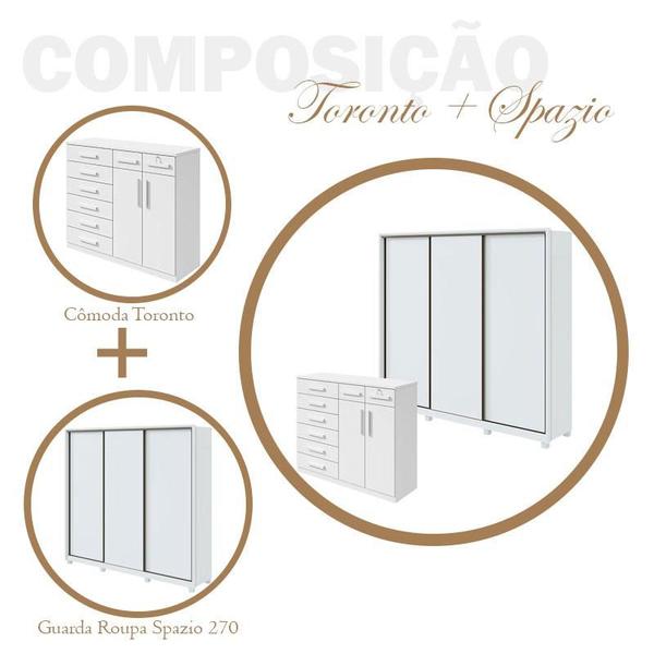 Imagem de Guarda Roupa Spazio 270 com Pés e Cômoda Toronto Branco Brilho - Lopas