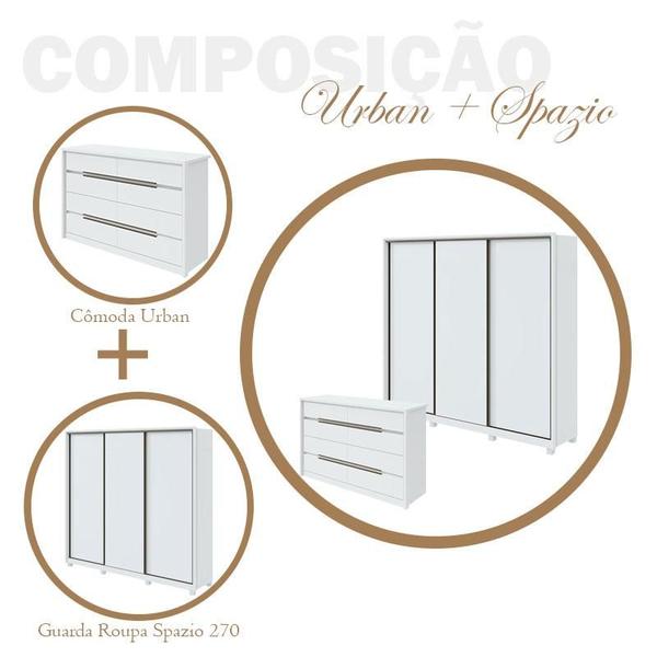 Imagem de Guarda Roupa Spazio 270 com Pés e Cômoda Urban Branco Brilho - Lopas