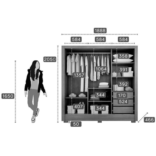 Imagem de Guarda Roupas 3 Portas de Correr de (1 c/ Espelho) e 3 Gavetas c/ Pés Ville/Dover Cumaru/Fendi - Novo Horizonte