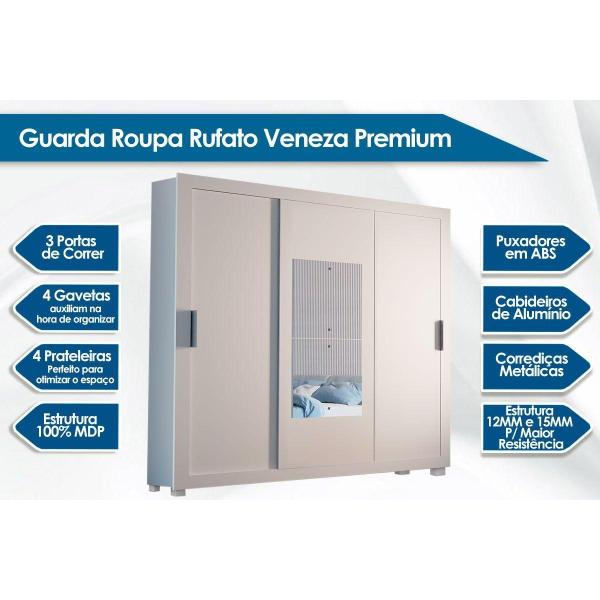 Imagem de Guarda Roupas 3 Portas de Correr de (1 c/ Espelho) e 4 Gavetas c/ Pés Veneza Premium Naturalle/Ripado 3D - Rufato