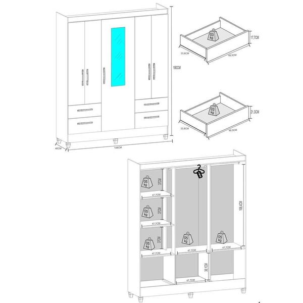 Imagem de Guarda-Roupas 5 Portas 4 Gavetas com Espelho Multimóveis CR35136