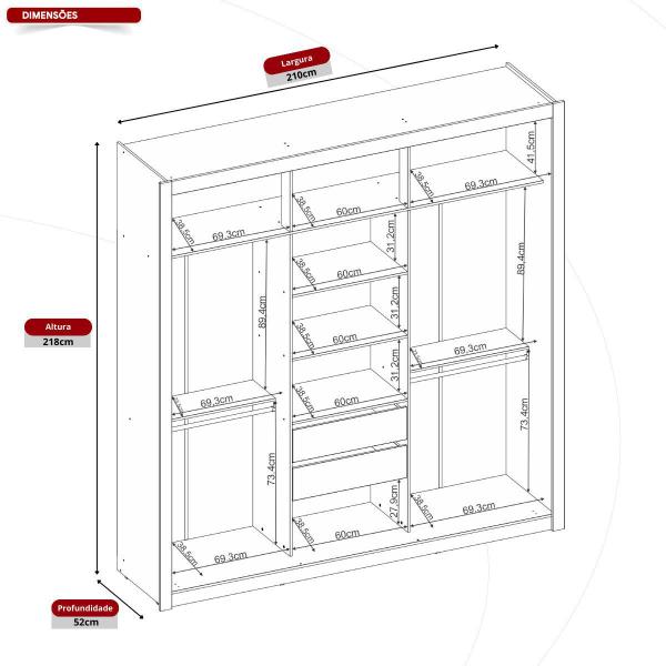 Imagem de Guarda-Roupas Casal 3 Portas com Espelho Multimóveis CR35236