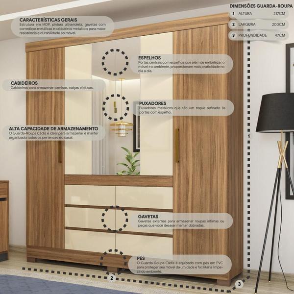 Imagem de Guarda-Roupas Casal 4 Portas 6 Gavetas e Espelhos Multimóveis CR35192
