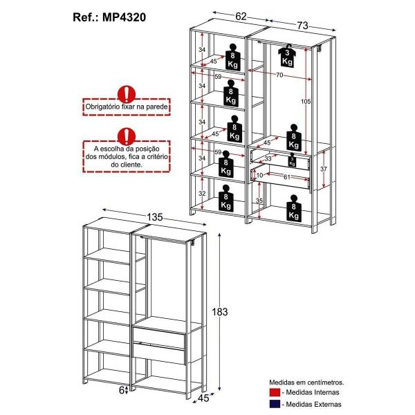 Imagem de Guarda-Roupas Closet Modulado 135cm 2 Peças com 2 Gavetas e Cabideiro Multimóveis MP4320