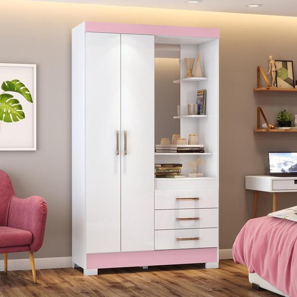 Imagem de Guarda Roupas Solteiro Com 2 Portas 3 Gavetas Com Espelho B64 Flex Branco / Rosa Chá - Briz Móveis