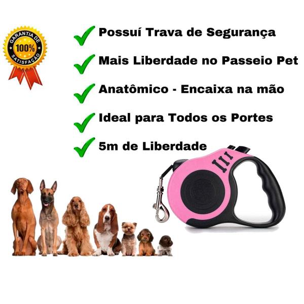 Imagem de Guia Retrátil 5 Metros Fita Cães Pet Passeio Rosa