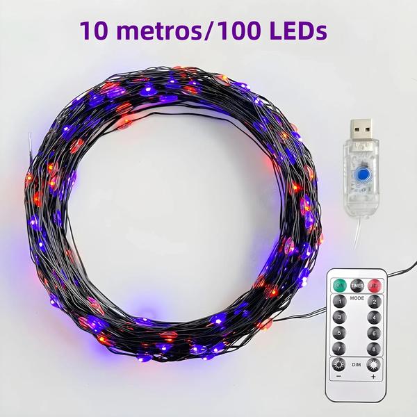 Imagem de Guirlanda de LED Halloween - Laranja e Roxo - 10M/20M - 8 Modos - Decoração de Jardim