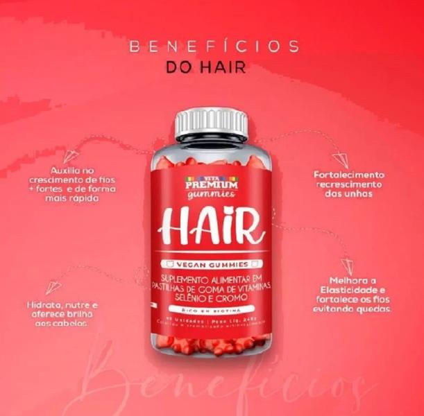 Gummies Hair Morango com 60 Unidades - Vita Premium Imagem de Gummies Hair Morango com 60 Unidades