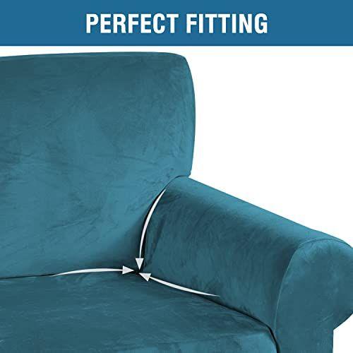 Imagem de H.VERSAILTEX Stretch Velvet Loveseat Capas para 2 Tampas de Sofá almofada para sala de estar Sofá Cobre Capas de deslizamento com correias antiderrapantes Inferior, Ultra Grosso Veludo Confortável (Largura 58"-72", Azul Pavão)