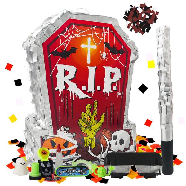 Imagem de Halloween Grave Pinata KidePoch com brinquedos, bastão e olhos vendados