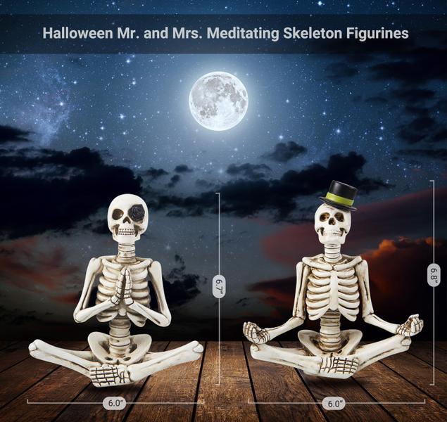 Imagem de Halloween Sr. e Sra. Meditando Estatuetas de Esqueleto, Dia da Decoração da Mesa Morta Pequenas Estátuas para Decorações de Festas de Halloween em Mantel, Prateleira, Mesa de Buffet ou Peça Central, 2 Pacotes