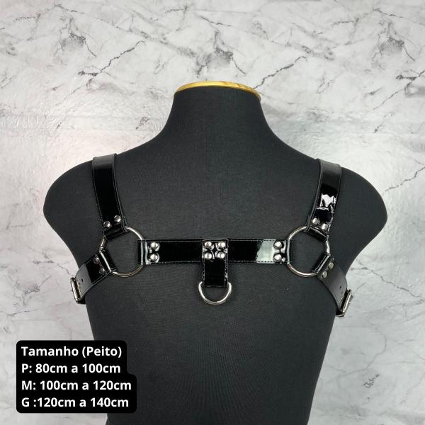 Imagem de Harness Masculino Arreio Couro Legítimo Preto Verniz Estilo PVC Vinil Latex 