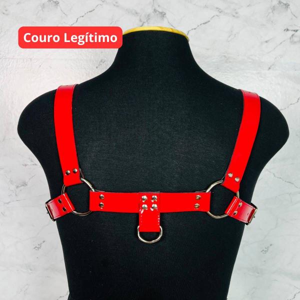 Imagem de Harness Masculino Arreio Couro Legítimo Vermelho Verniz Brilho brilhosa Arnes Lingerie Masculina