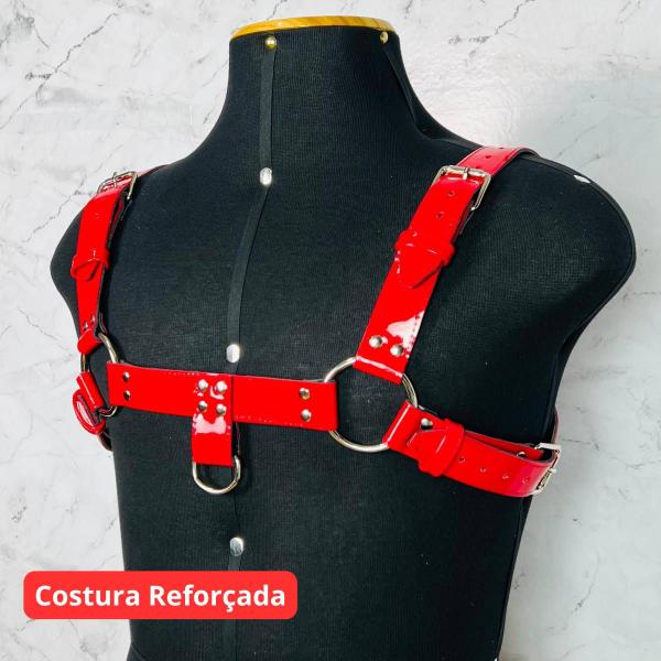 Imagem de Harness Masculino Arreio Couro Legítimo Vermelho Verniz Brilho brilhosa Arnes Lingerie Masculina