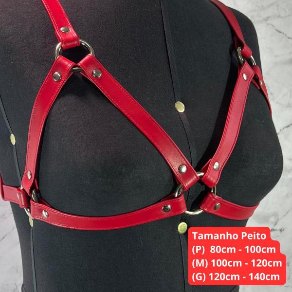 Imagem de Harness Vermelho Sutiã de Couro Lingerie Arreio Fantasia Haloween Diabinha Gótica