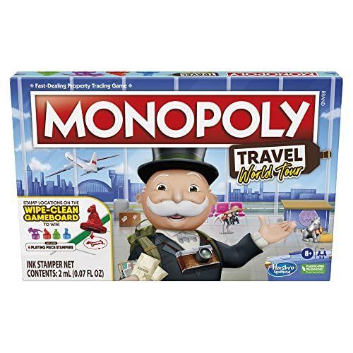 Imagem de Hasbro Gaming Monopoly Travel World Tour Jogo de tabuleiro para famílias e crianças com mais de 8 anos, inclui carimbadores de token e tabuleiro de jogo Dry-Erase