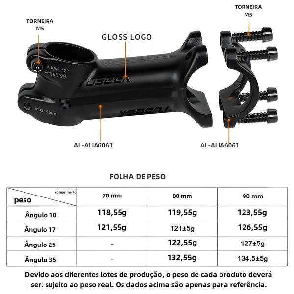 Imagem de Haste de Guidão de Bicicleta de Alumínio - 70mm, 80mm, 90mm - Ângulos de 7°, 10°, 17° e 25°