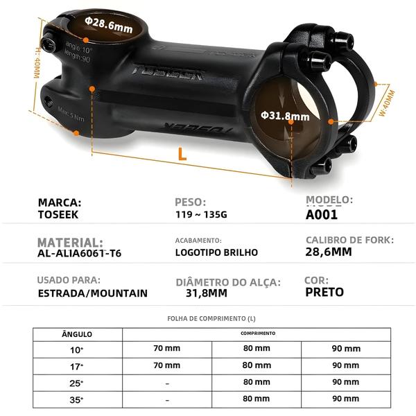 Imagem de Haste de Guidão de Bicicleta de Alumínio - 70mm, 80mm, 90mm - Ângulos de 7°, 10°, 17° e 25°